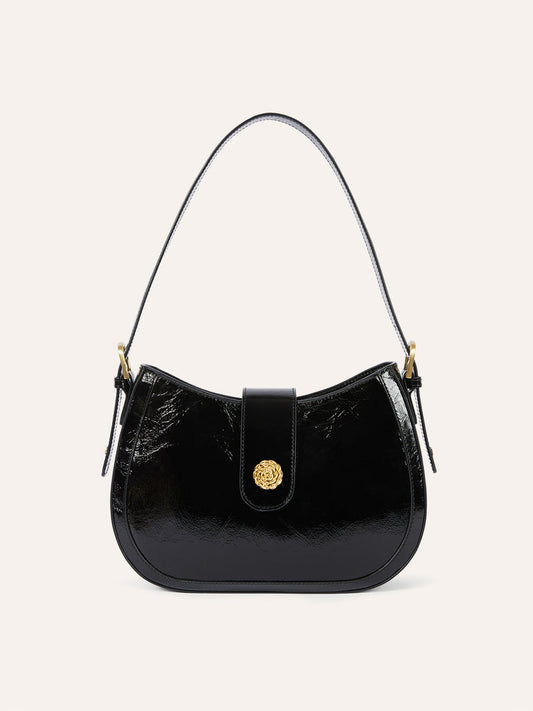 GALA black glossy leather small bag, front view by Rouje