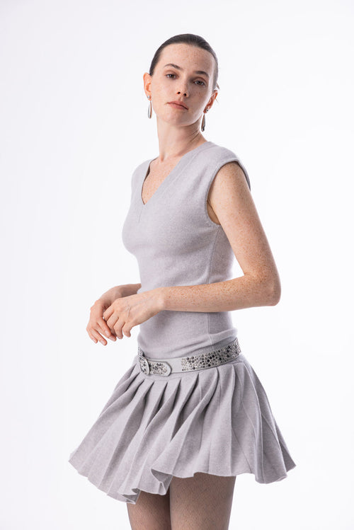 V neck pleated wool dress